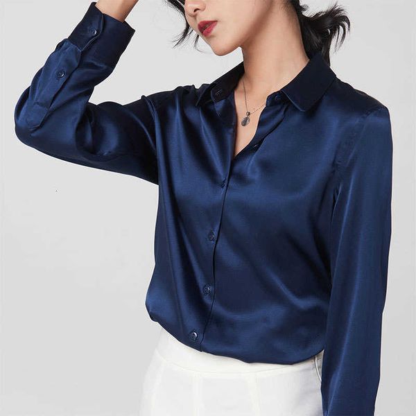

silk women's 2023 spring satin business dress contrast long sleeve commuter slim fit square neck shirt, White