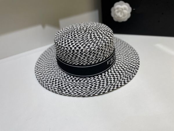 

summer beach sun protection large brim flat hat straw woven hat beach sun protection women's black white color designer hat forage, Blue;gray