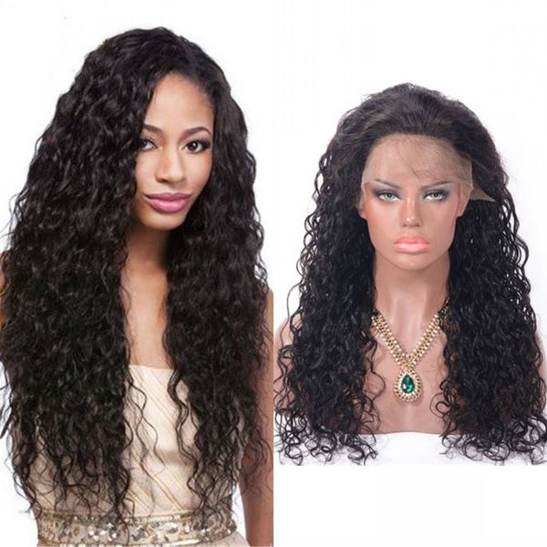 

13x4 lace front human hair wig natural color indian water wave wigs for black women 130%, Black;brown