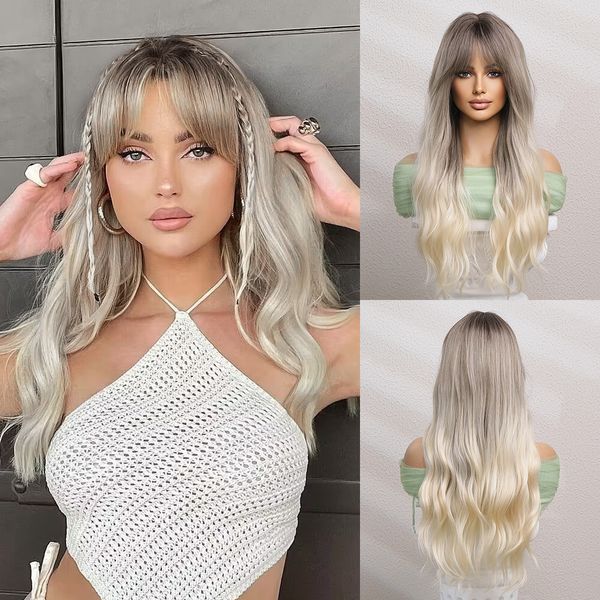 

gradient gold air bangs long curly hair pieces for women micro volume natural fluffy wigs for sale europe and the united states female toupe, Black