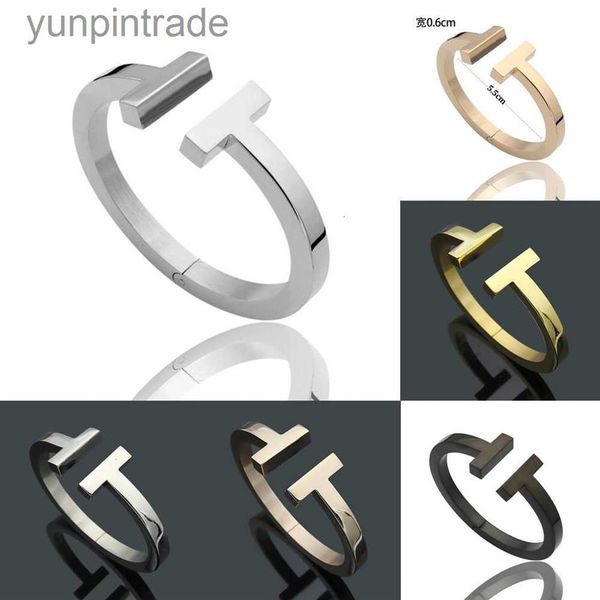 

luxury fashion women bangle stainless open cuffs thick wide band double t bangles bracelet mens jewlery silver rose gold black pul223g