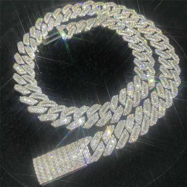 

custom 15mm vvs moissanite baguette diamond thick cuban link chain iced out hip hop rapper 925 silver necklace men bracelet