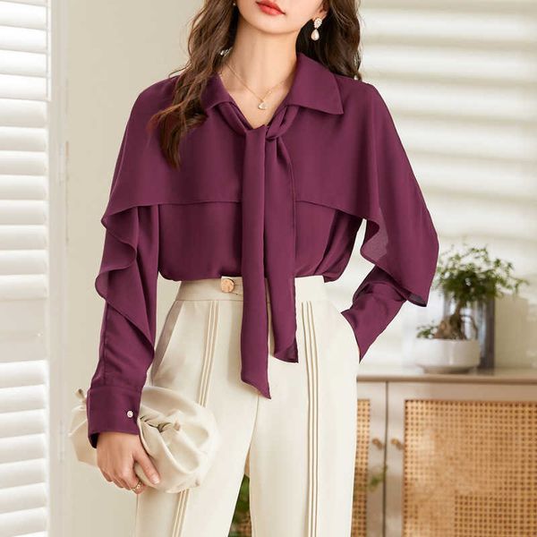 

baizi ruffle long sleeve chiffon 2023 spring new solid polo necktie small design female shirt, White