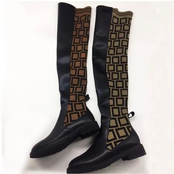 

autumn winter womens socks boots cowhide knitted elastic platform long boots designer high boot leather lady letter shoe flat women shoes, Black