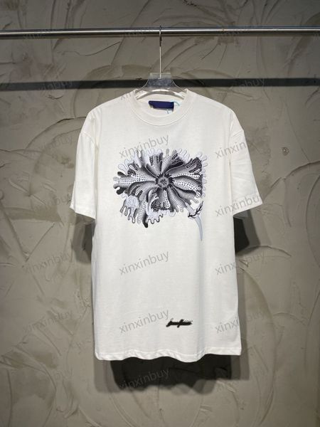 

xinxinbuy men designer tee t shirt 23ss lotus leaf letters print short sleeve cotton women white black beige xs-2xl, Black;brown