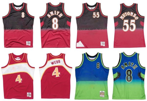 

dikembe mutombo basketball jerseys steve smith #8 spud webb #4 mitchell ness jersey s-xxl men retro jerseys, Black;red