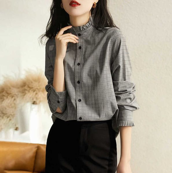 

european goods commuting fashion temperament stand collar plaid hong kong style design sense minority female spring and autumn shirt, White