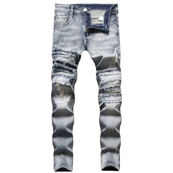 

2023 mens designer skinny jeans printed destruction men street motorcycle ripped black and blue jeans