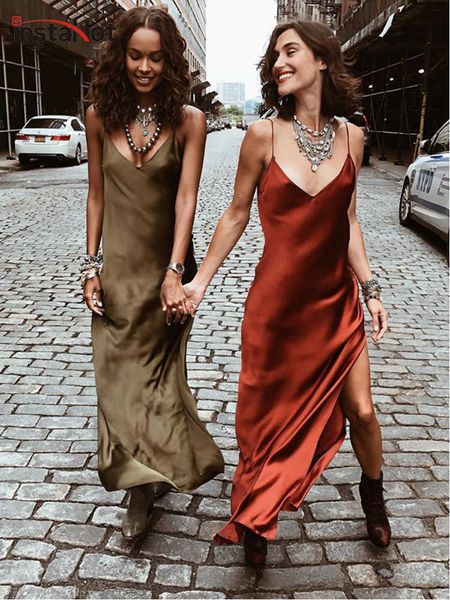 

casual dresses instasatin v neck maxi dress women spaghetti strap sleeveless backless side split long dresses 2019 spring lady vestido l2302, Black;gray