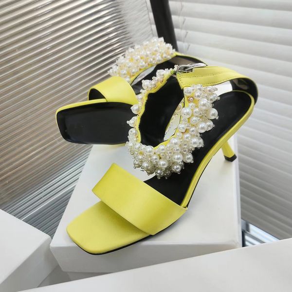 

fashionable sandals summer womens shoes satin pearl decorative leather outsole square toe open toe designer ankle strap sandal, Black