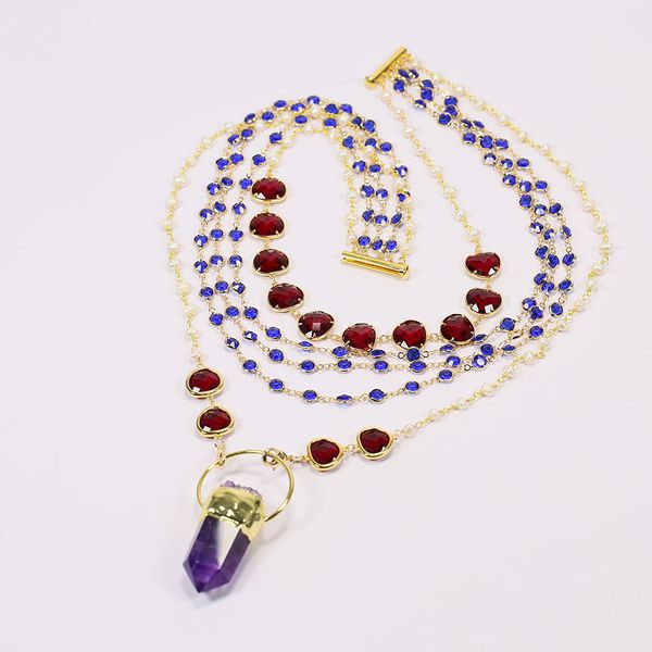 

cultured white pearl blue red crystal chain necklace purple amethyst point pendant handmade lady fashion gifts, Silver