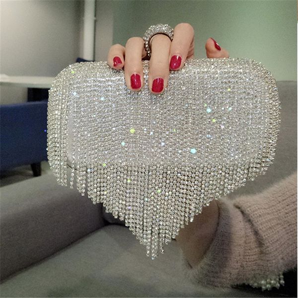 

evening bags heart fringe bride purse makeup lipstick phone day clucthes ladies metal chain crystal shoulder 230220