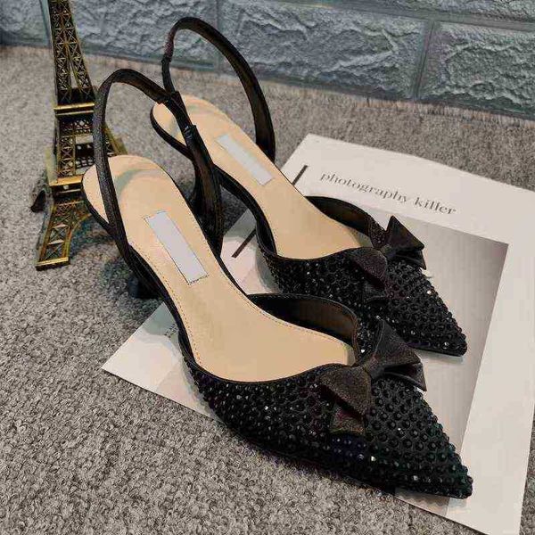 

crystal drill pointed sequins women's high heel sandals bow fine high heel hollow single shoes, Black