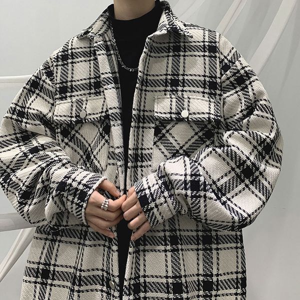 

men's wool blends streetwear jacket coats men autumn fashion plaid blend outerwear for mens long sleeve turndown collar buttonup 230217, Black