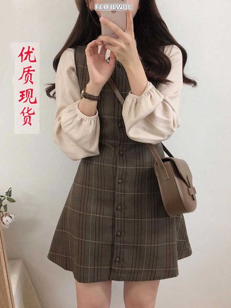

casual dresses cute mini new year date dresses sleeveless vest women korea japanese style design retro vintage plaid button shirt dress 1102, Black;gray