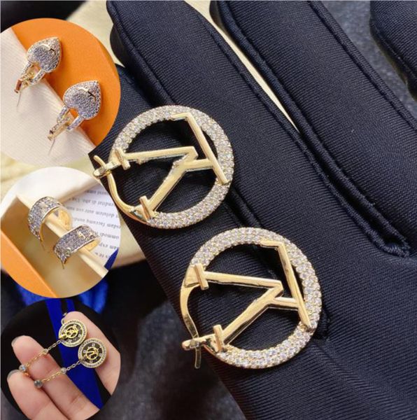 

gold plated fashion desinger letter stud stainless steel earrings long dangle crystal rhinestone wedding party jewelry accessories gift, Golden;silver