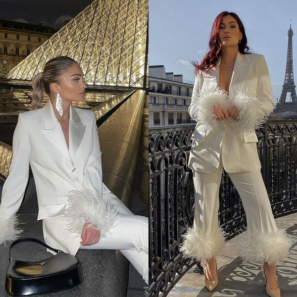 

spring fashion wedding women pants suits feather fur mother of the bride suit evening party blazer guest wear 2 pieces, Black;red