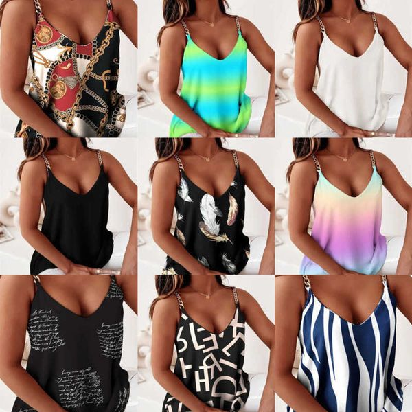 

casual designer women clothing vest simple sleeveless chain sling printed v-neck for summer, White
