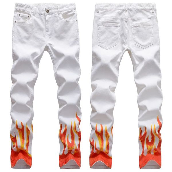 

men's jeans white flame graffiti digital print jeans hip-hop slim fit small leg straight jeans trousers sh1x072, Blue