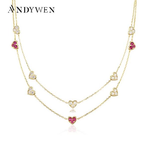 

925 sterling silver gold love heart clear rose red charm long chain choker necklace pendant women wedding luxury jewelry