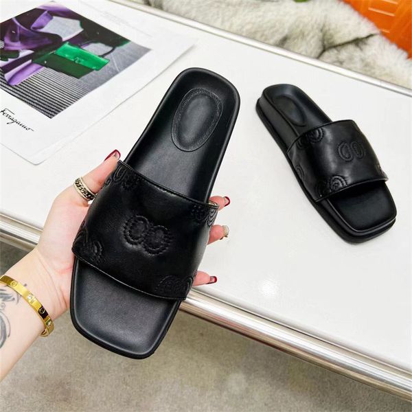 

designer women's slippers fashion leather sandals eva platform casual seaside resort beach shoes 35-44 with box, Black