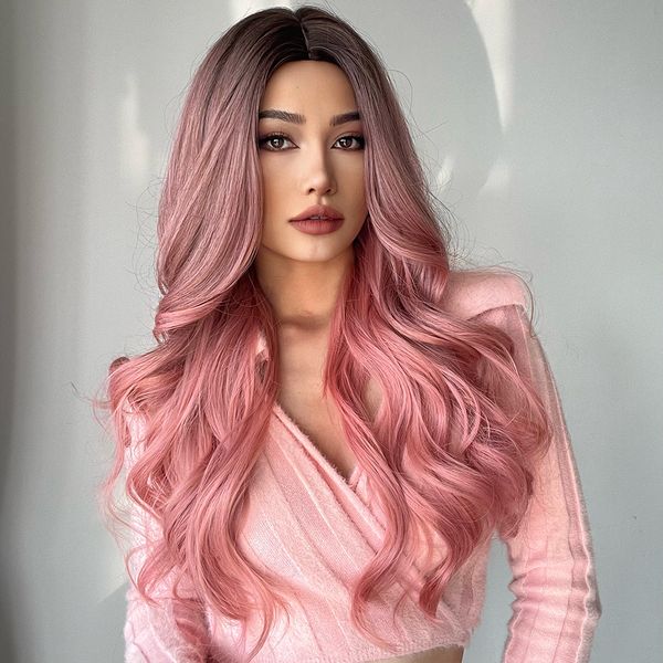 

ewingfly gradient pink wig medium long curly hair wig for women european and american chemical fiber head cover wigs for sale, Black