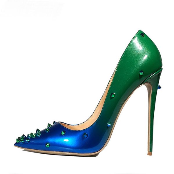 

gradient patent leather heels shoes fashion shiny leather green blue pointed toe women pumps rivet studded for wedding party dress stiletto, Black