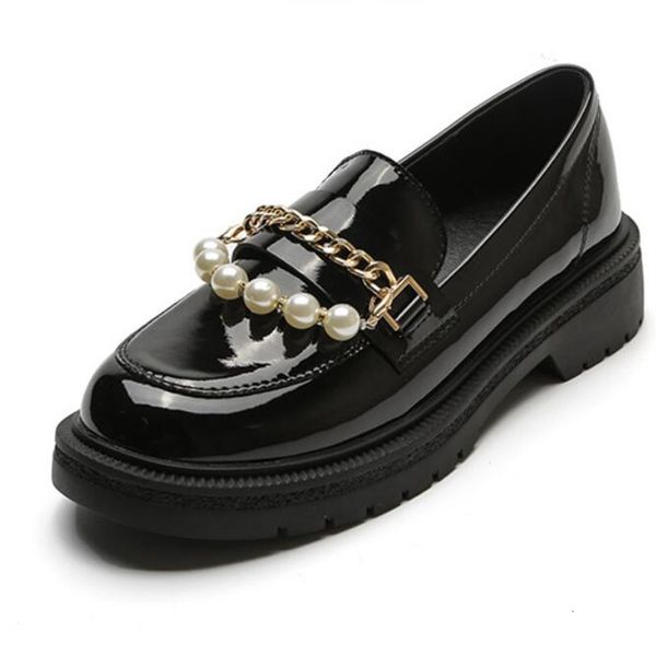 

dress shoes thicksoled slipon loafers for women spring autumn retro round head british style pearl small leather oxfords 230220, Black