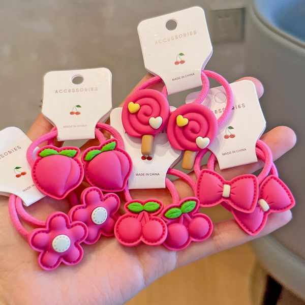 

2pcs sweet rose red flower hair ties for girls candy fruit cherry peach elastic hair bands kids gum hair scrunchies accessories, Slivery;white