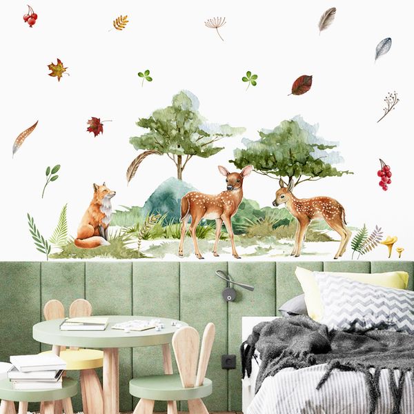 

wall decor cartoon deer animal green leaves stickers children nursery vinyl decal mural kids baby room interior home 230220