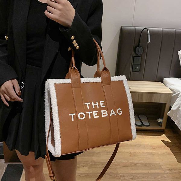 

handbag 2023 fashion women's bag leather quality handbag fashionable shoulder lamb hair tote high-capacity contrast printed letter sing