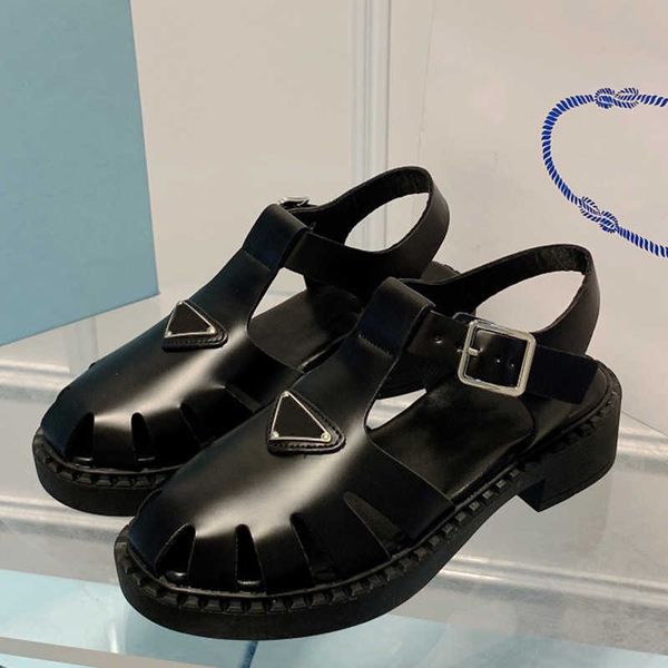

sandals 2023 design spring and summer new triangular standard thick soled raised roman shoes women's hollow baotou one-line buckle thic, Black