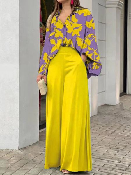 

womens two piece pants commute women office sets lapel button lantern sleeve shirt pockets straight pant suits spring summer fashion printed, White