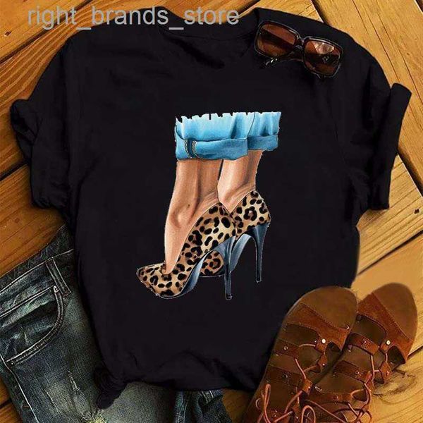 

women's t-shirt zogankin womens black t-shirt summer new fashion leopard high heel short sleeve print clothes ladies graphic female cl, White