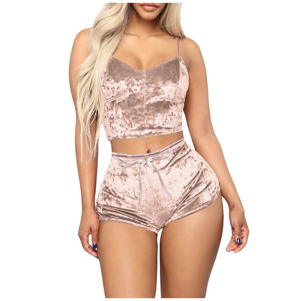 

womens two piece pants velvet sleeveless vneck crop biker shorts 2 piece set autumn winter women streetwear tracksuit camisole shorts 230220, White