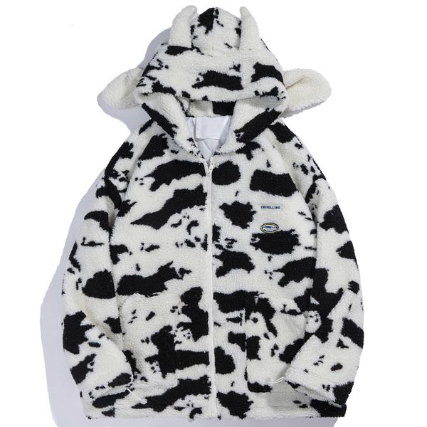

men s jackets lacible winter cow pattern zipper hooded jacket men women casual streetwear padded lambswool coat cotton loose thicken outwear, Black;brown