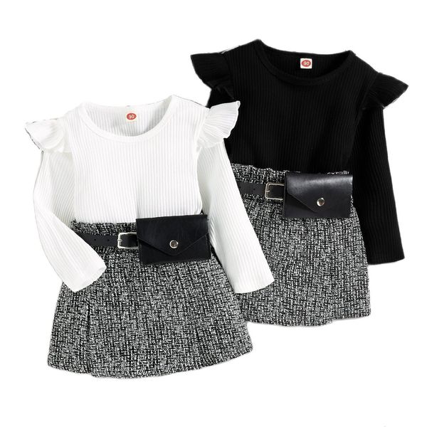 

clothing sets little girl long ruffle sleeve clothes set with short skirt fragrant three piece kids bag suit child outfits for autumn 230220, White
