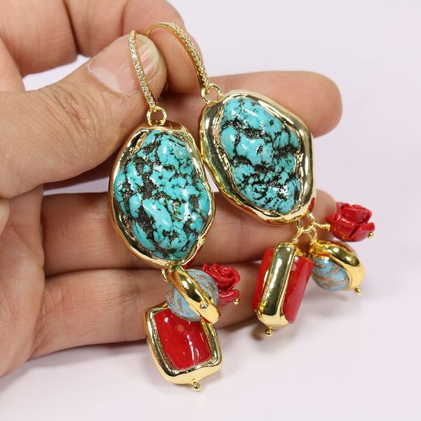 

blue turquoise nugget gold plated dangle red coral blue murano glass earrings drop earrings jewelry simple lady gifts, Silver