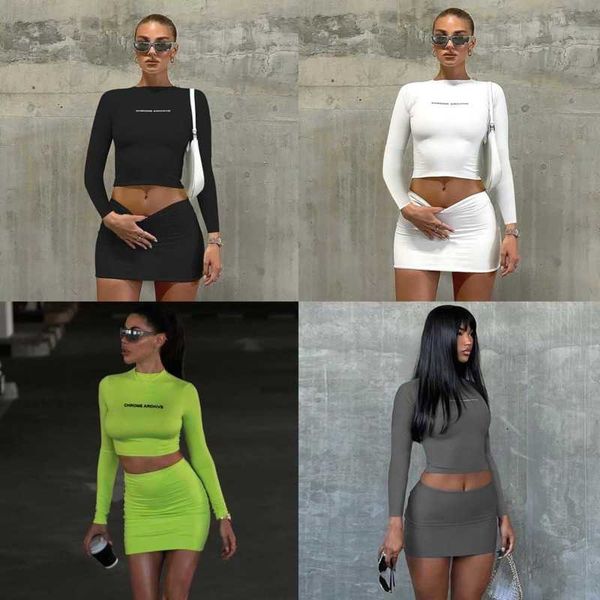 

designer casual dresses women two piece outfits fashion letter printed outfits long sleeve slim short skirt set, Black;gray