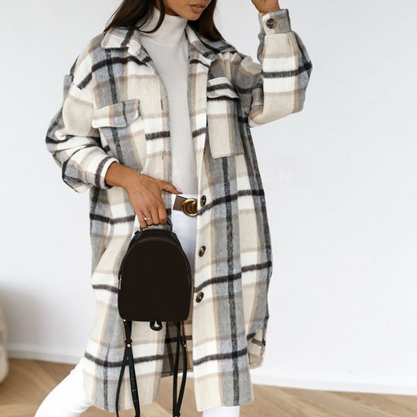 

women's blouses shirts casual spring plaid long blouse women high street lantern sleeves shirt pocket button ladies outwear loose 23022, White