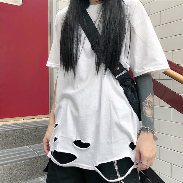 

women s t shirt harajuku korean irregular women s t shirt hole torn wild short sleeved couple students loose solid color bottoming shirt 230, White