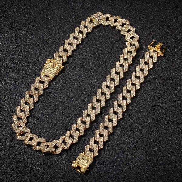 

new fashion charm 20mm hip hop cuban link chain necklaces full iced out rhinestones necklace bracelet set party punk jewelry gift for men, Silver