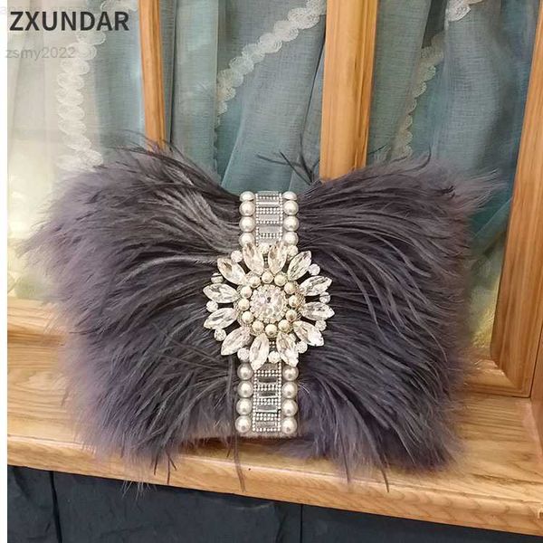 

fashion designer evening bag pink ostrich fur feather handbags 2022 women clutch diamond rings dinner tote bag chain purse