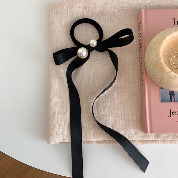 

black long tassel hair bows retro streamer bowknot elastic hair band pearl ponytail holder elegant hair ties scrunchies headwear, Slivery;white