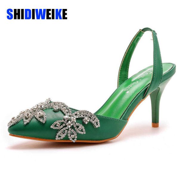 

sdwk 7cm women's high heels green rhinestone woman pumps heeled sandals stiletto slingback weddings bridal shoes 0220, Black