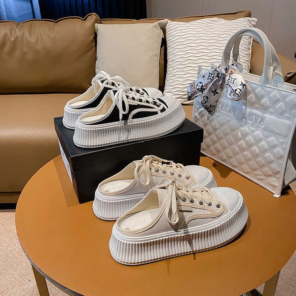 

slippers 2023 design new copy small fragrance canvas half slippers women's thick soled white muffin versatile biscuit shoes generation, Black