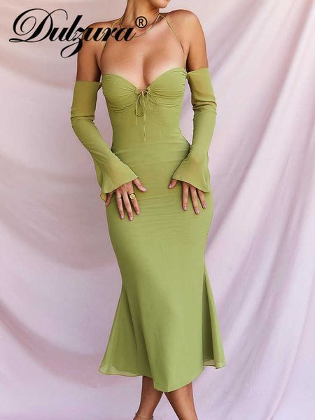 

casual dresses dulzura 2022 women chiffon zipper y2k clothes lace up halter backless long sleeve bodycon midi dress outfits party club l2302, Black;gray