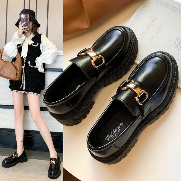 

dress shoes spring and autumn women's flat ladies leather platform casual buckle fashion allmatch 230220, Black