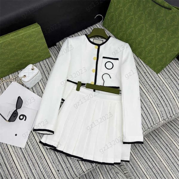 

brand two piece dress braided bag edge crewneck pocket long sleeves jacket matching elastic-waisted pleated skirts fashion trend womens two, White