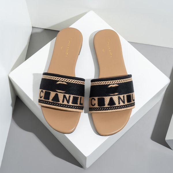 

embroidered fabric slide slippers designer slides for women summer beach walk sandals fashion low heel flat slipper shoes size 37-42, Black